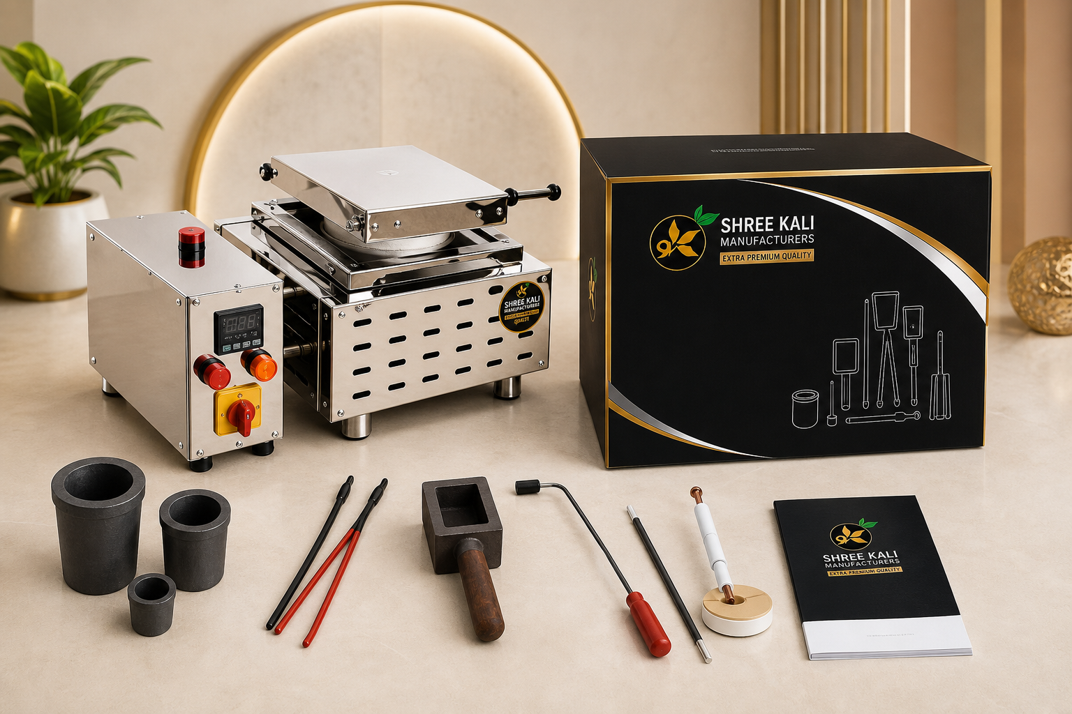 Shree Kali gold melting furnace complete accessory kit with graphite crucibles, tongs, ingot mould, pouring rod, stirring rod, K-type sensor and user manual
